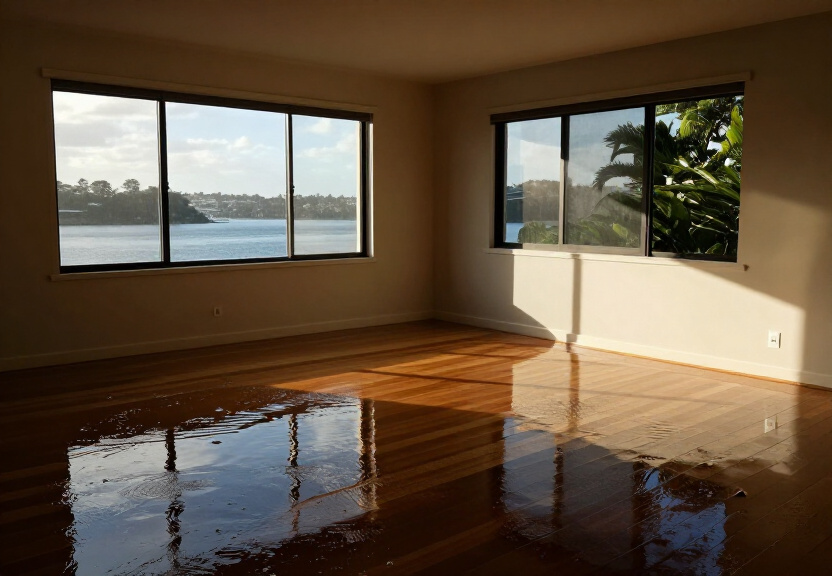 Flooded living room in Alexandria before restoration